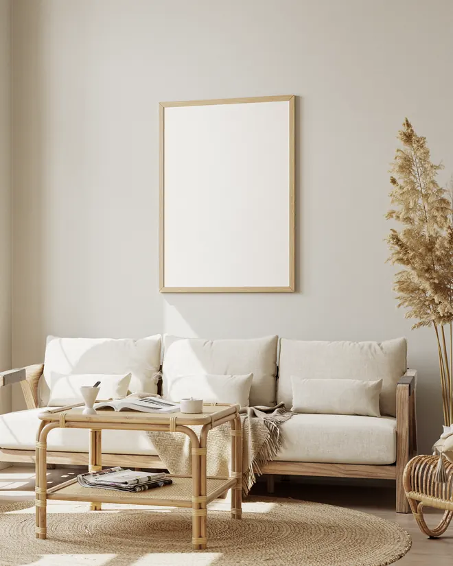 Personalisiertes Poster im Eichenrahmen über einem hellen Sofa, Korbtisch und Jutteppich